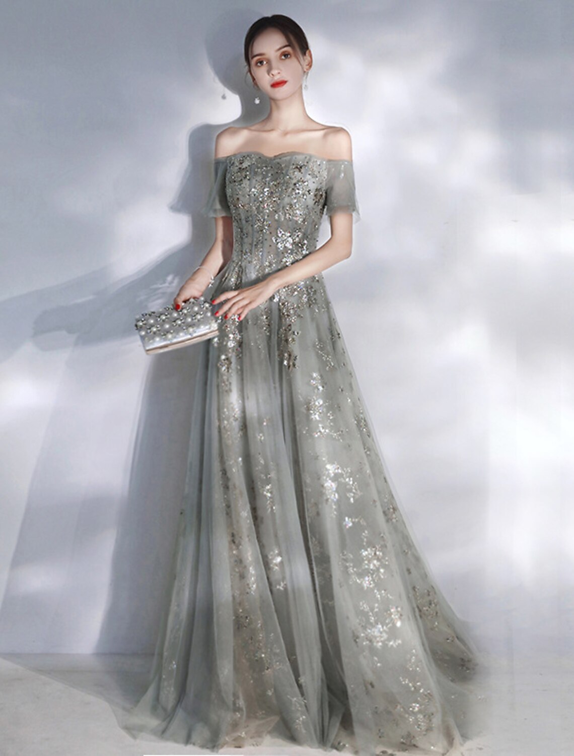 wholesa A-Line Evening Gown Glittering Dress Engagement Formal Evening Floor Length Short Sleeve Off Shoulder Spandex with Sequin Appliques