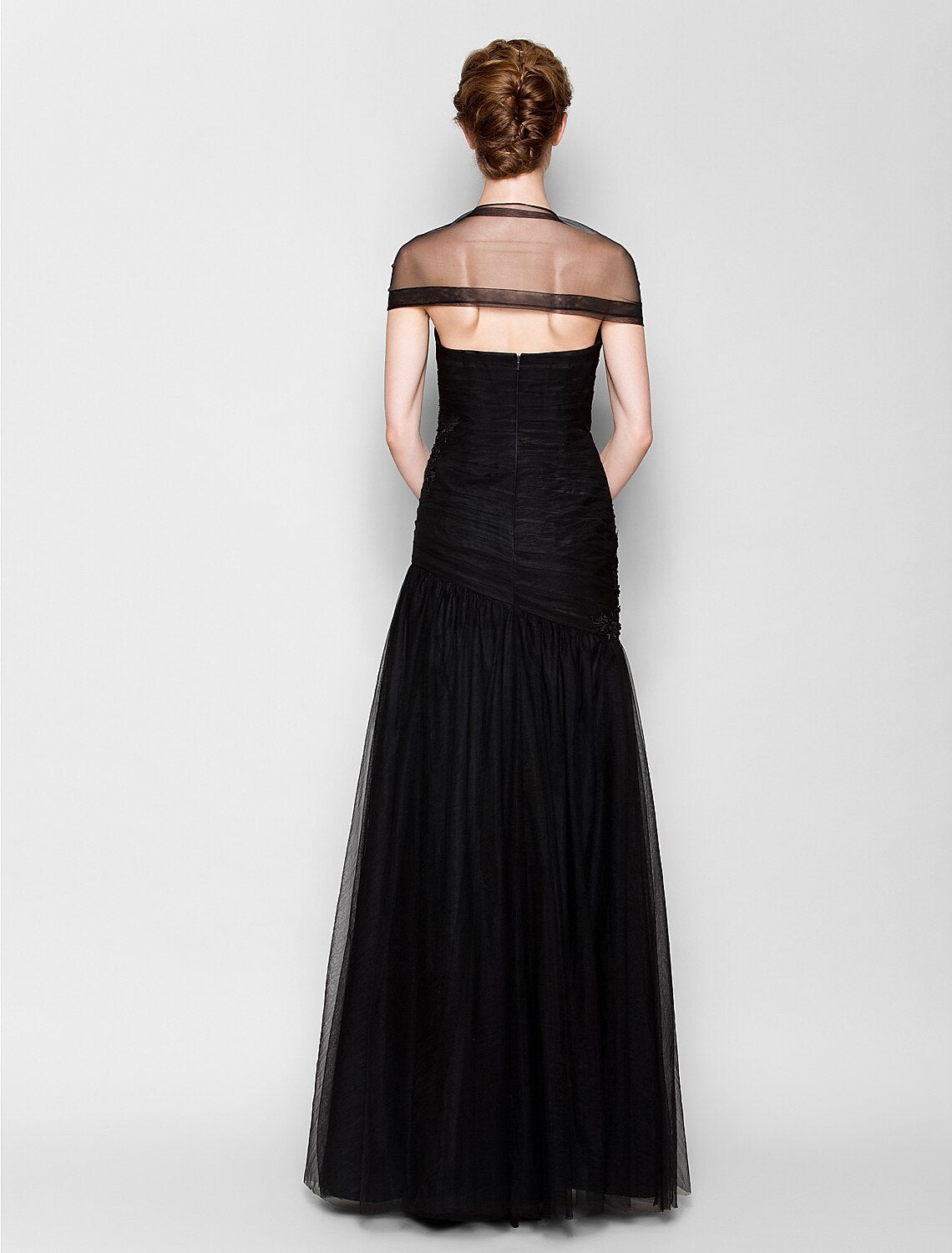 wholesale  Fit & Flare Mother of the Bride Dress Queen Anne Floor Length Tulle Short Sleeve No with Criss Cross Appliques