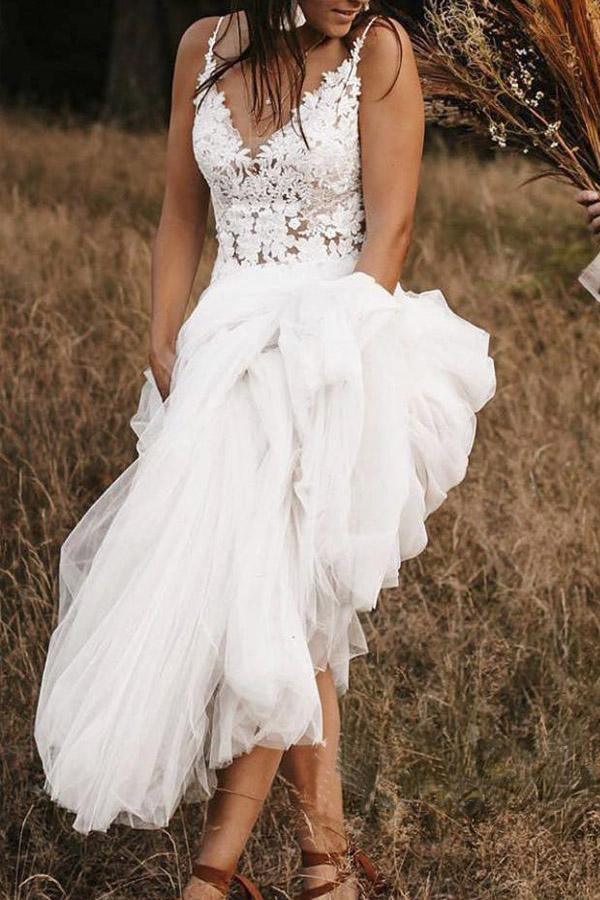 Wholesa A Line V Neck Lace Bodice Bridal Dresses Ivory Backless Wedding Dresses