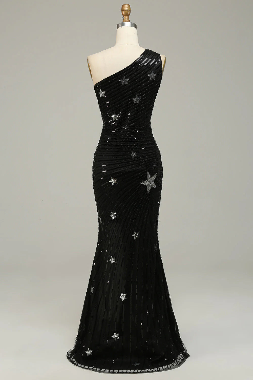Wholesa Sparkly Sequins One Shoulder Long Prom Dress with Stars