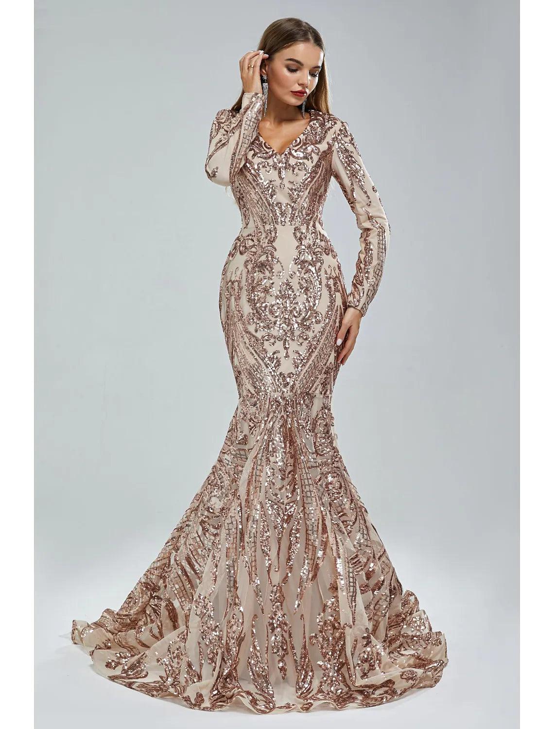 Wholesa Mermaid / Trumpet Evening Gown Elegant Dress Engagement Court Train Long Sleeve V Neck Lace with Sequin