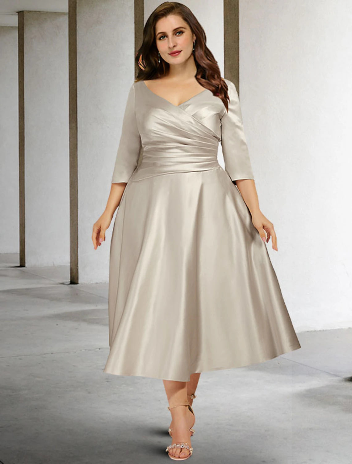 Wholesa  A-Line Mother of the Bride Dresses Plus Size Hide Belly Curve Vintage Dress Formal Tea Length Sleeveless V Neck Satin with Ruched