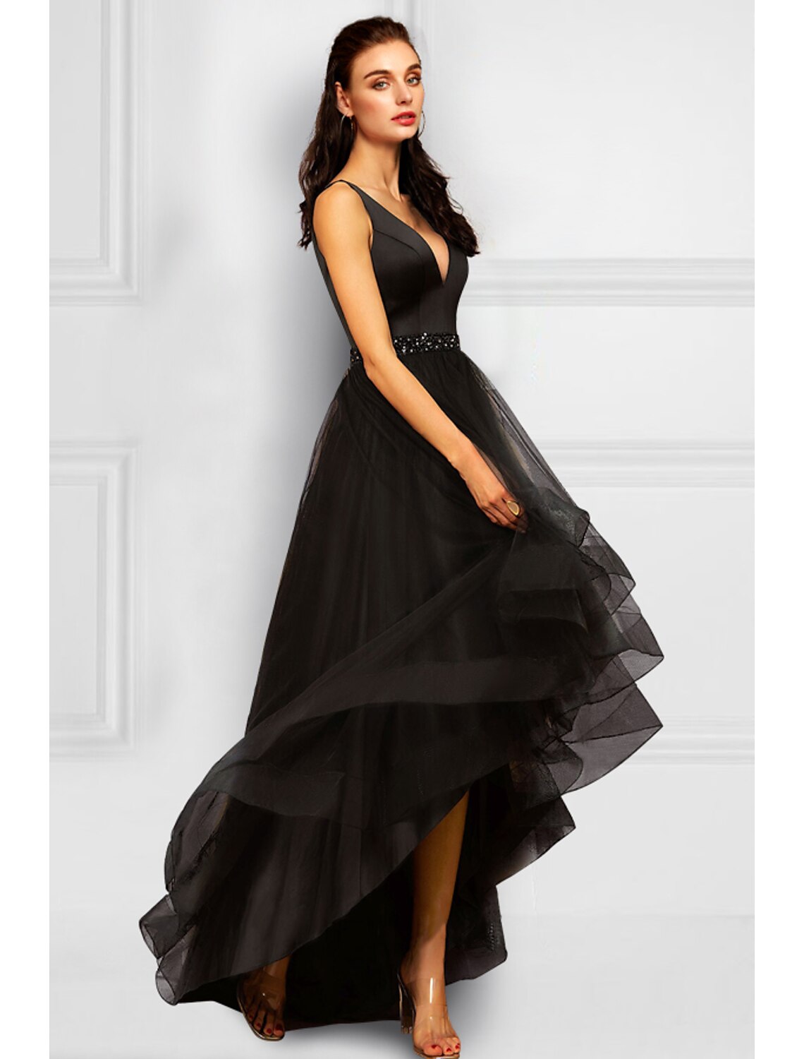 Wholesa  A-Line Cocktail Dresses Elegant Dress Party Wear Wedding Party Asymmetrical Sleeveless V Neck Organza with Rhinestone Ruffles