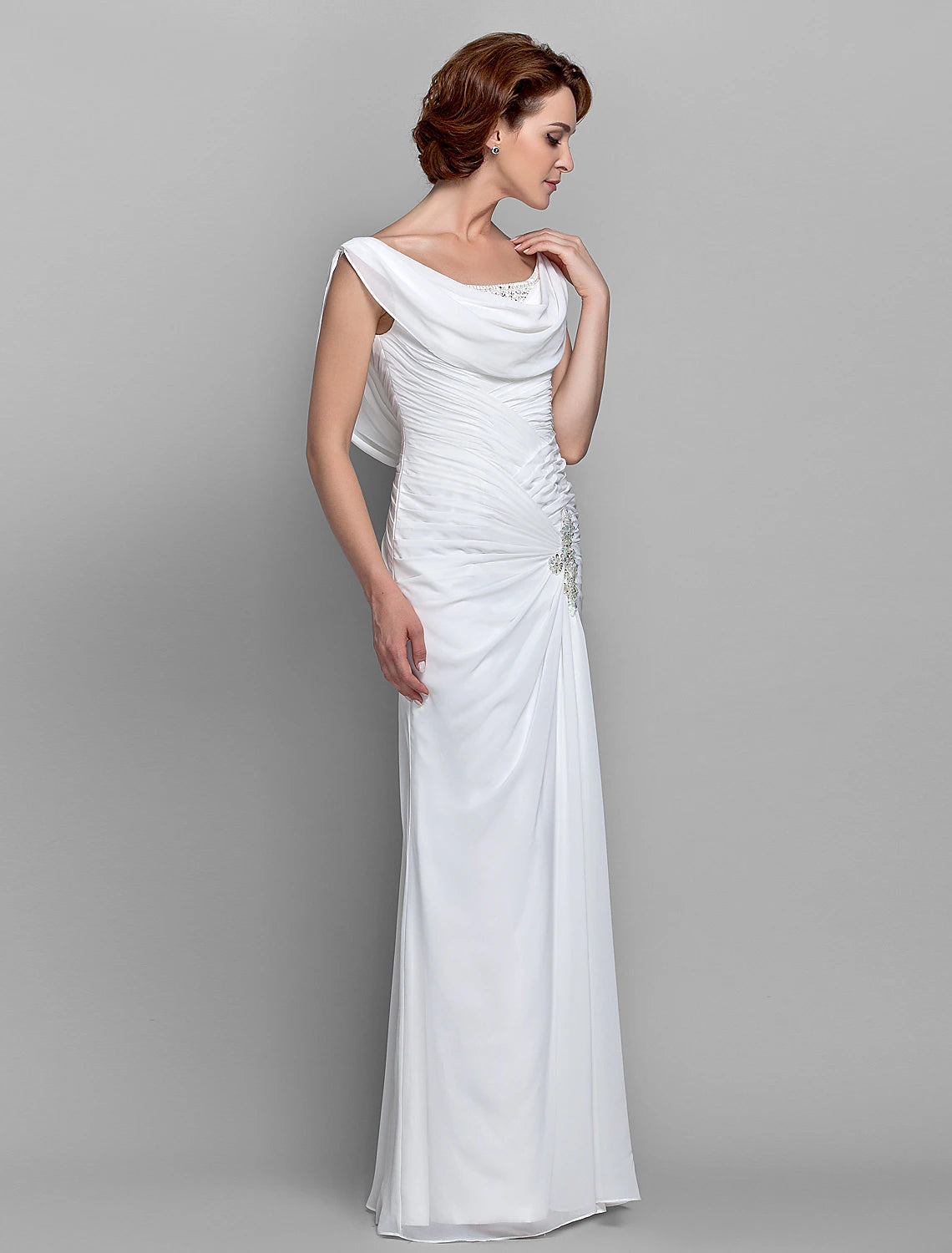 wholesale  Sheath / Column Mother of the Bride Dress Fall Wedding Guest Dresses Vintage Inspired Cowl Neck Floor Length Chiffon Sleeveless with Buttons Criss Cross Crystals