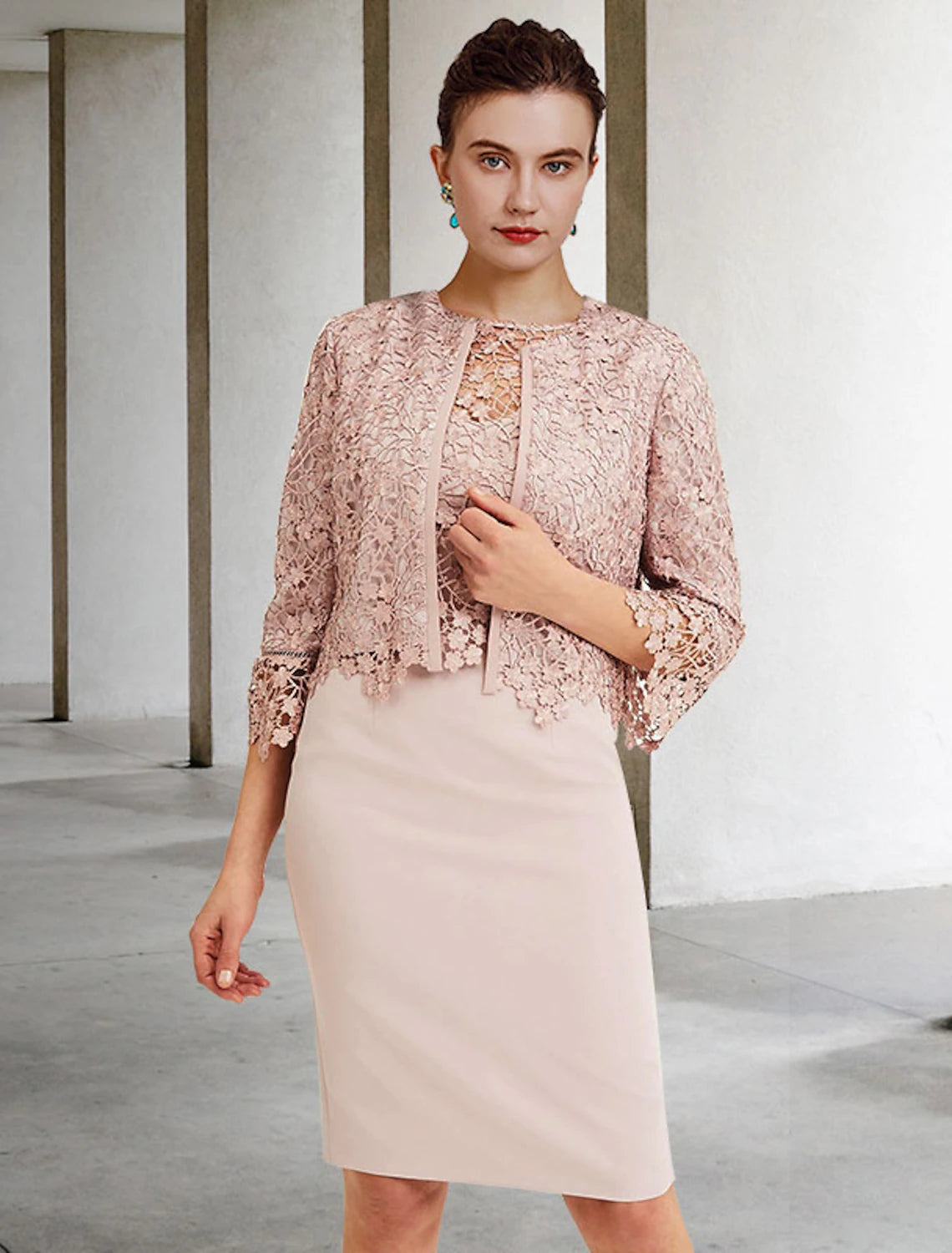 wholesale  Two Piece Sheath / Column Mother of the Bride Dress Church Elegant Jewel Neck Knee Length Chiffon Lace Short Sleeve Short Jacket Dresses with Ruffles Appliques