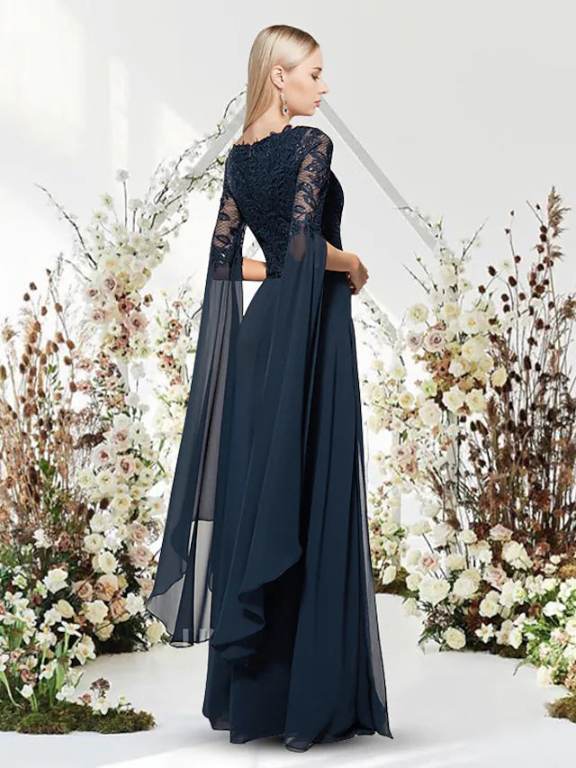 Wholesa Sheath / Column Evening Gown Empire Dress Wedding Guest Floor Length Short Sleeve Jewel Neck Chiffon with Pure Color