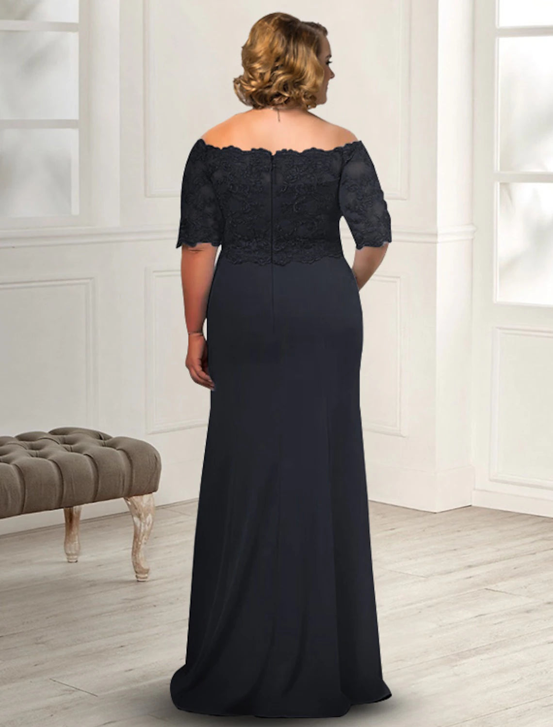 wholesale  Sheath / Column Mother of the Bride Dress Plus Size Elegant Off Shoulder Floor Length Chiffon Lace Half Sleeve with Appliques