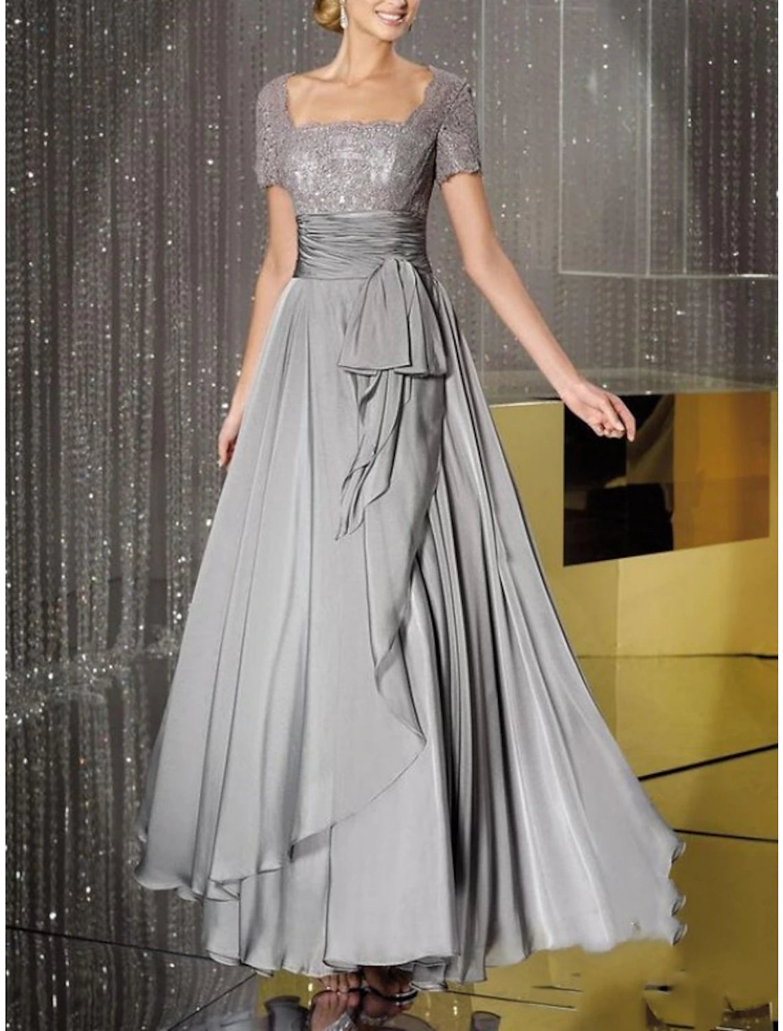 Wholesa Sheath / Column Mother of the Bride Dress Wedding Guest Elegant Sparkle & Shine Square Neck Floor Length Chiffon Lace Short Sleeve with Sash / Ribbon Pleats