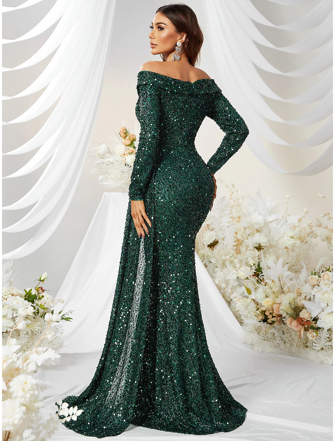 Wholesa Mermaid / Trumpet Evening Gown Sparkle & Shine Dress Formal Cocktail Party Sweep / Brush Train Long Sleeve Off Shoulder Polyester with Sequin