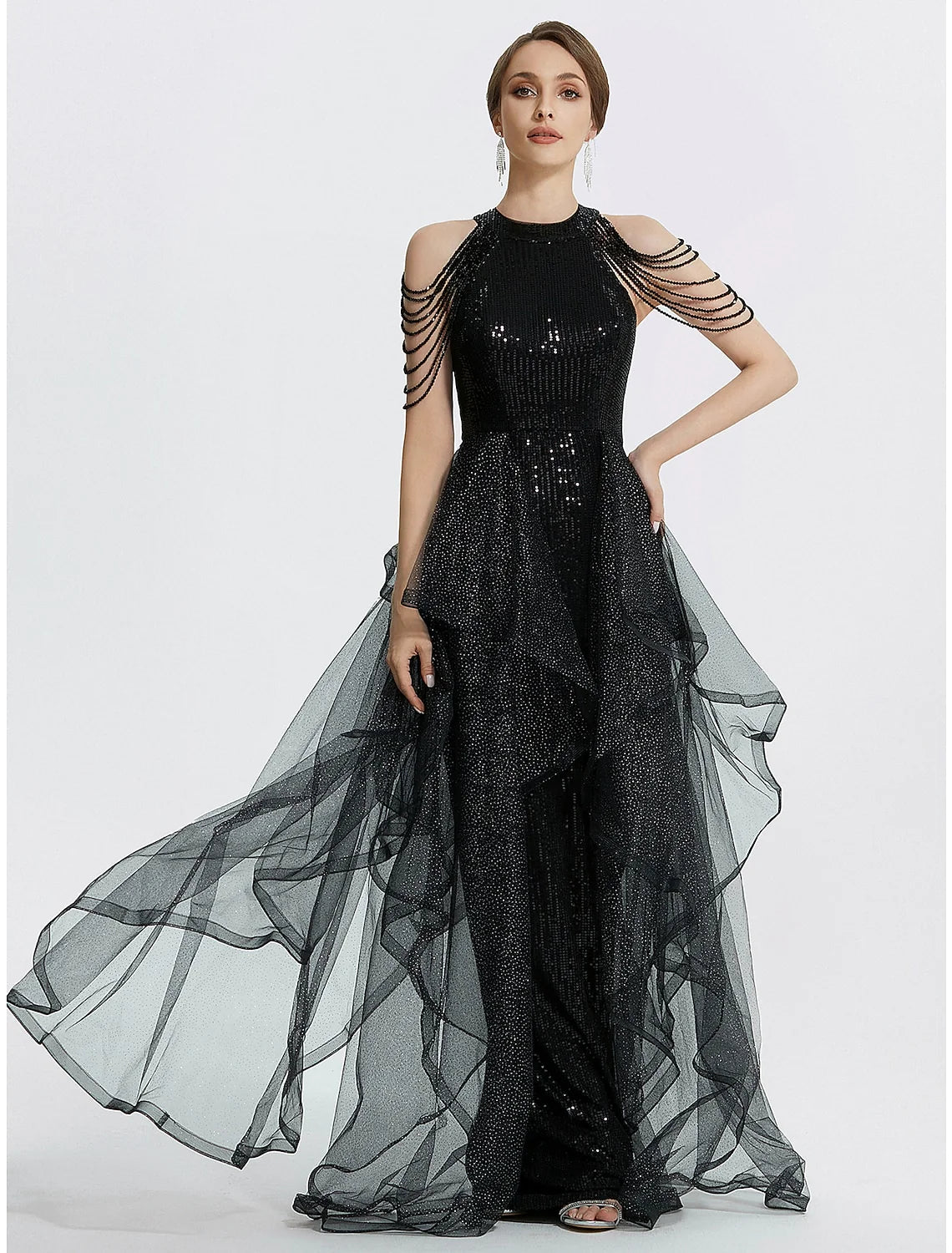 Wholesa Mermaid / Trumpet Prom Dresses Black Dress Dress Quinceanera Floor Length Short Sleeve Jewel Neck Tulle with Beading