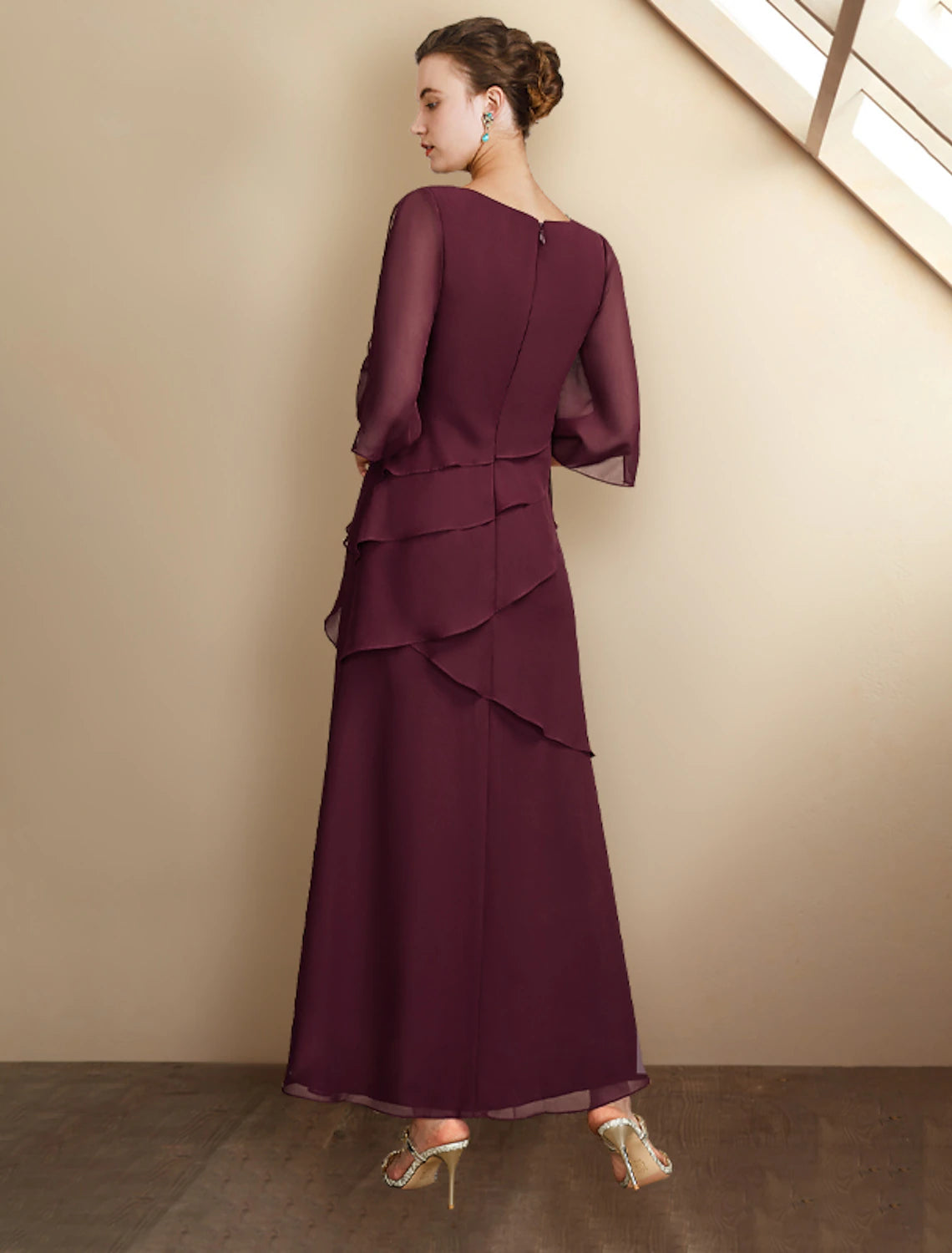 wholesale   A-Line Mother of the Bride Dress Wedding Guest Plus Size Elegant Jewel Neck Ankle Length Chiffon Half Sleeve with Ruffles Side-Draped Fall