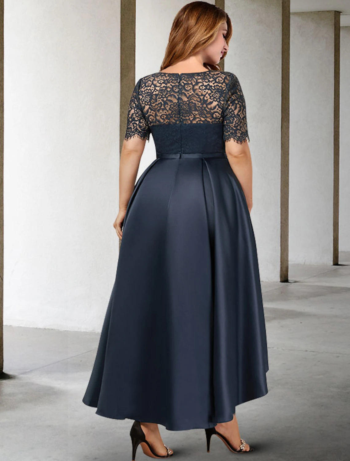 wholesale  A-Line Mother of the Bride Dresses Plus Size Hide Belly Curve Elegant Dress Formal Asymmetrical Short Sleeve Jewel Neck Satin with Pleats