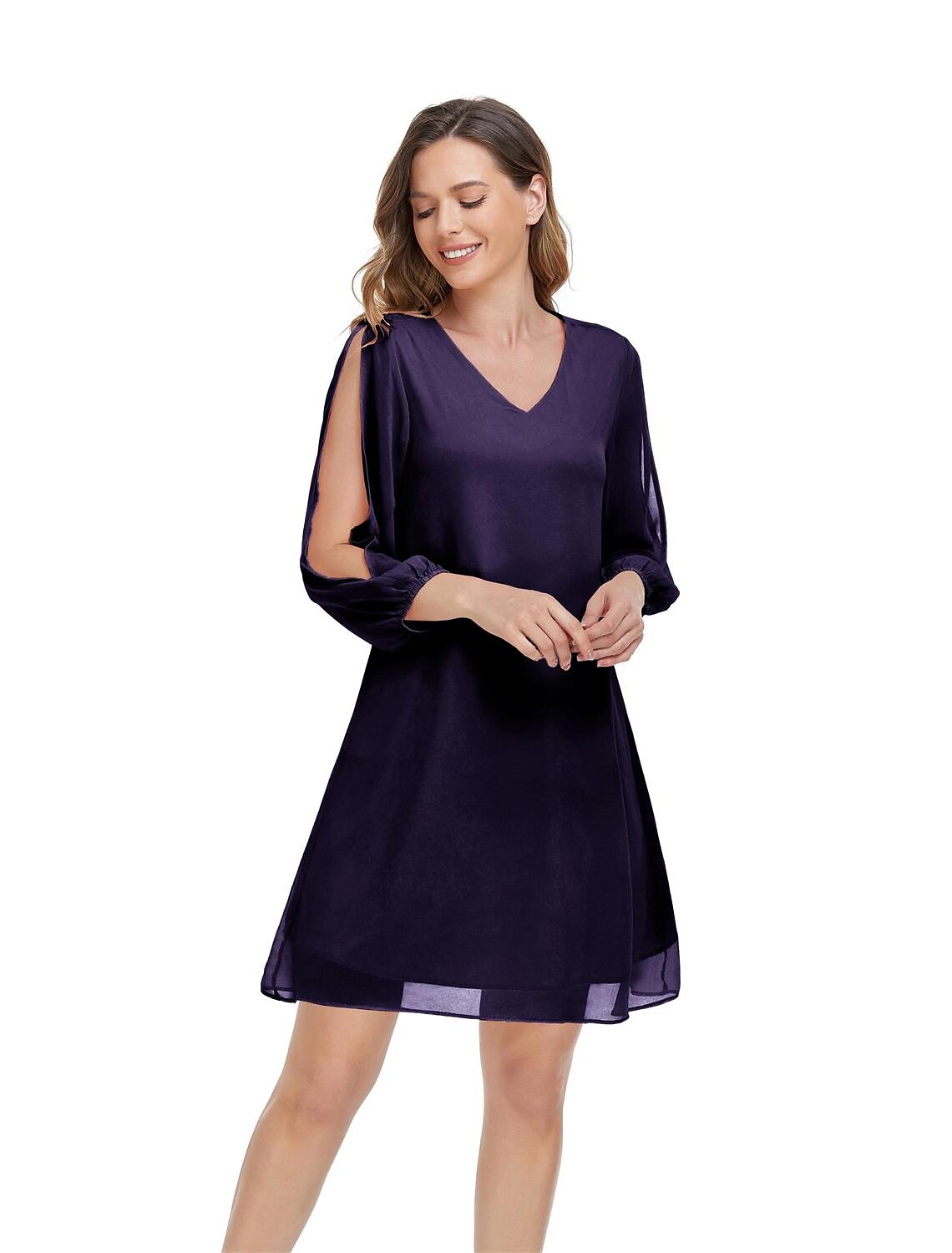 wholesa A-Line Empire Homecoming Cocktail Party Dress V Neck 3/4 Length Sleeve Short / Mini Chiffon with Slit Pure Color