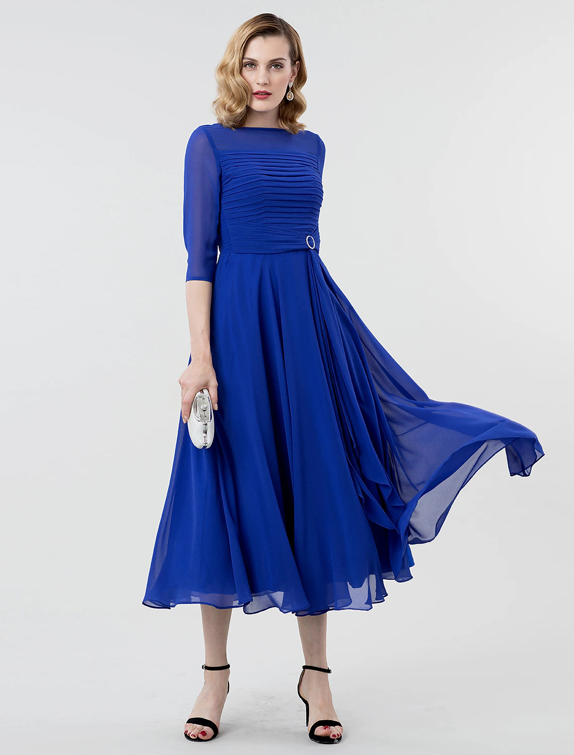 Wholesa A-Line Elegant Formal Evening Wedding Party Dress Boat Neck 3/4 Length Sleeve Tea Length Georgette with Ruched Crystal Brooch / Illusion Sleeve