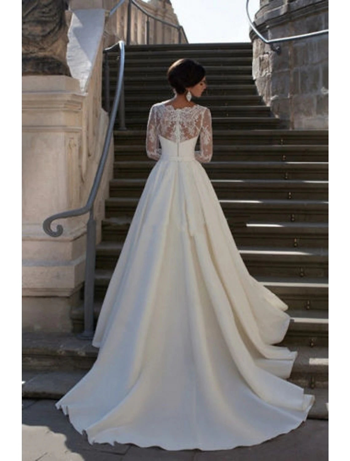 wholesale  Engagement Formal Fall Wedding Dresses A-Line V Neck Long Sleeve Court Train Satin Bridal Gowns With Appliques