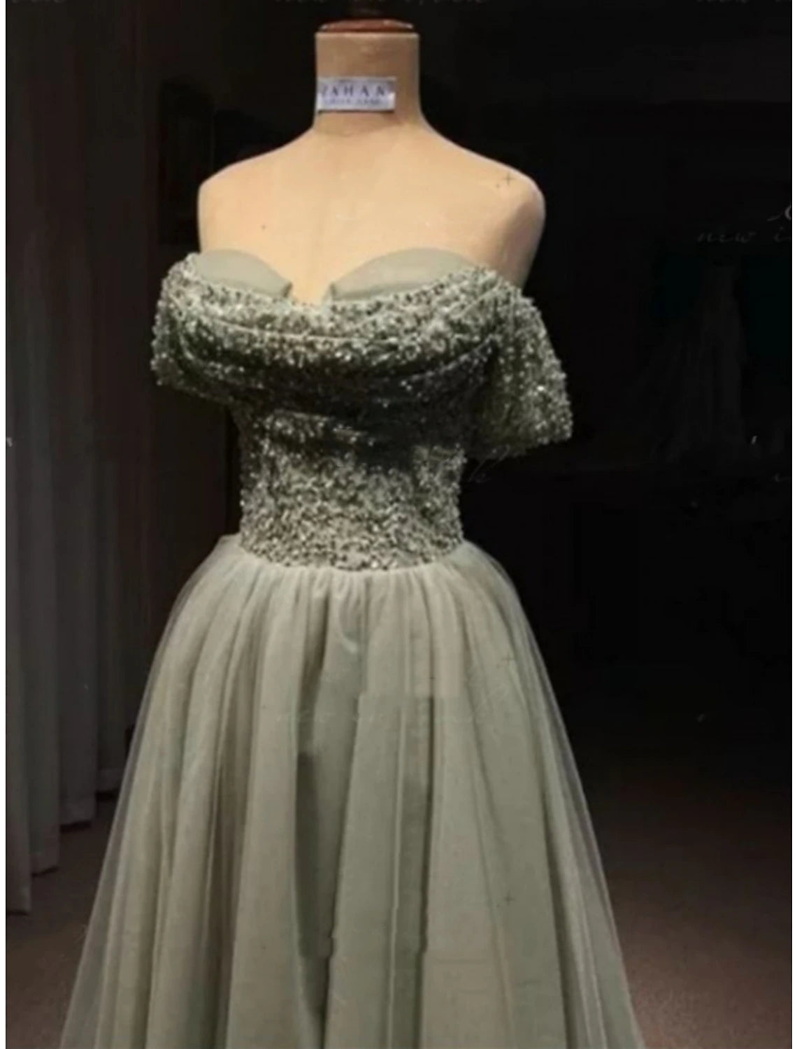 Wholesa A-Line Prom Dresses Elegant Dress Formal Sweep / Brush Train Formal Red Green Dress Short Sleeve Off Shoulder Tulle with Glitter Pleats Ruched