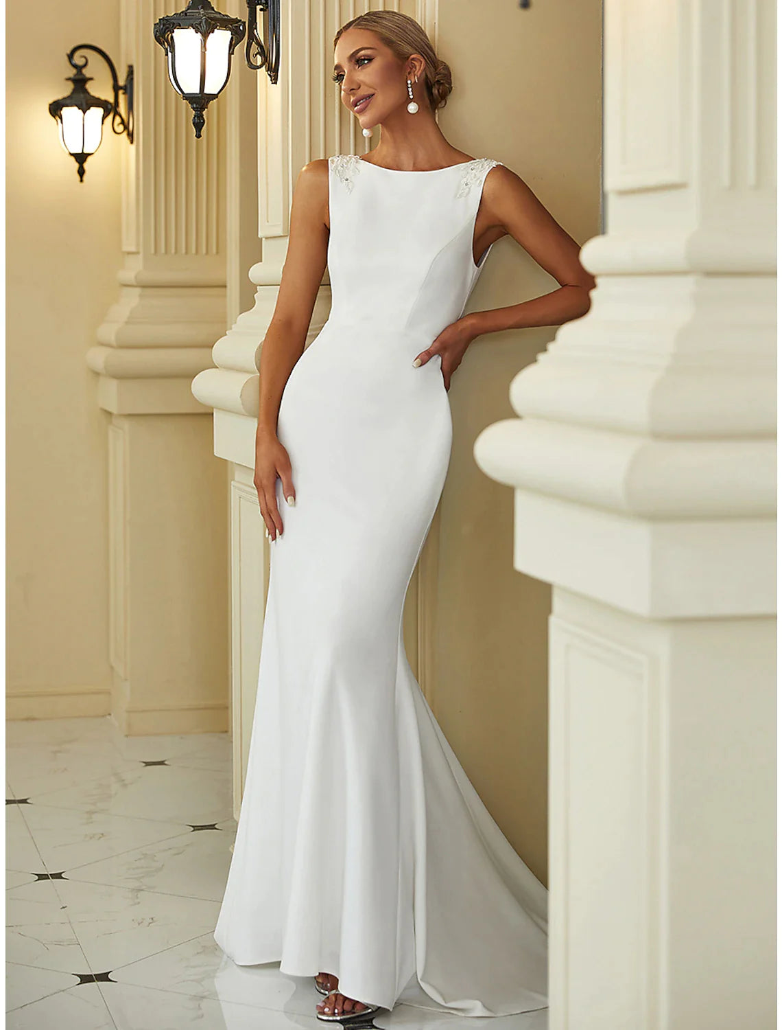 Wholesa Reception Casual Wedding Dresses Mermaid / Trumpet Scoop Neck Sleeveless Sweep / Brush Train Stretch Fabric Bridal Gowns With Beading Solid Color