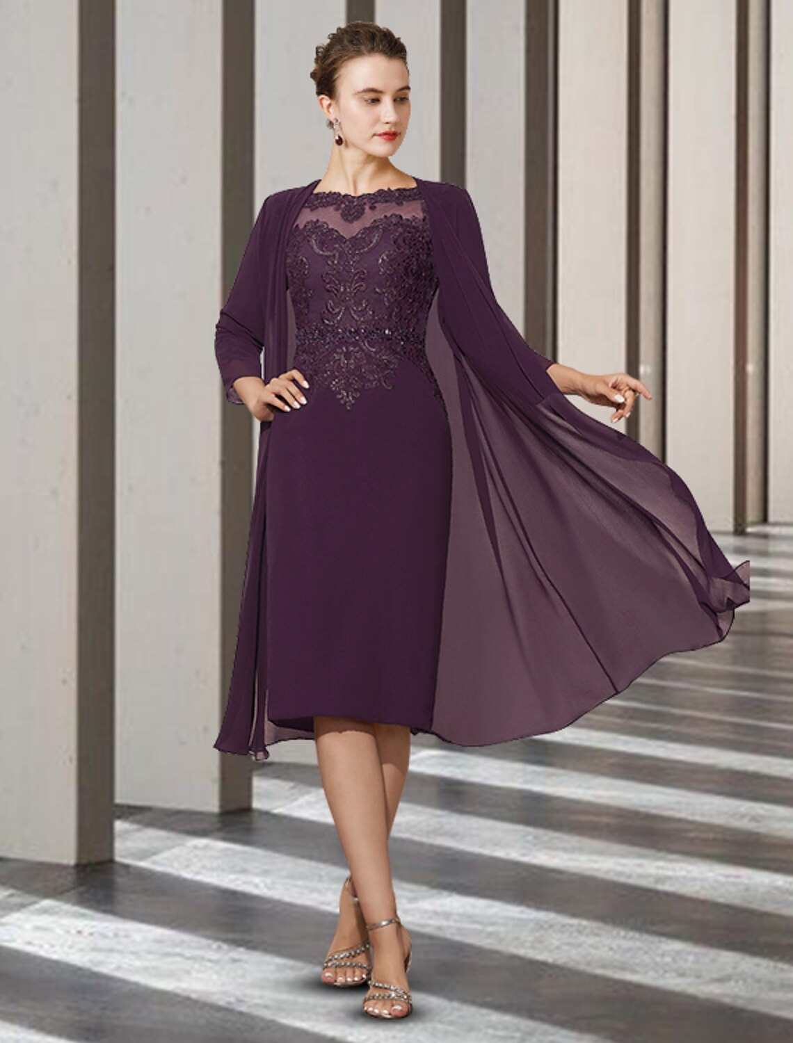 wholesale  Two Piece A-Line Mother of the Bride Dress Church Elegant Jewel Neck Knee Length Chiffon Lace 3/4 Length Sleeve Jacket Dresses with Beading Appliques