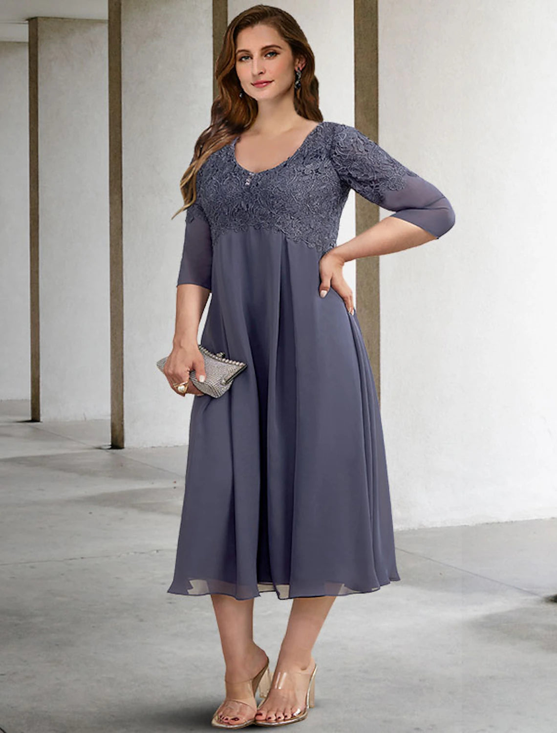 wholesale  A-Line Mother of the Bride Dresses Plus Size Hide Belly Curve Elegant Dress Formal Tea Length Half Sleeve V Neck Chiffon with Buttons Appliques Fall