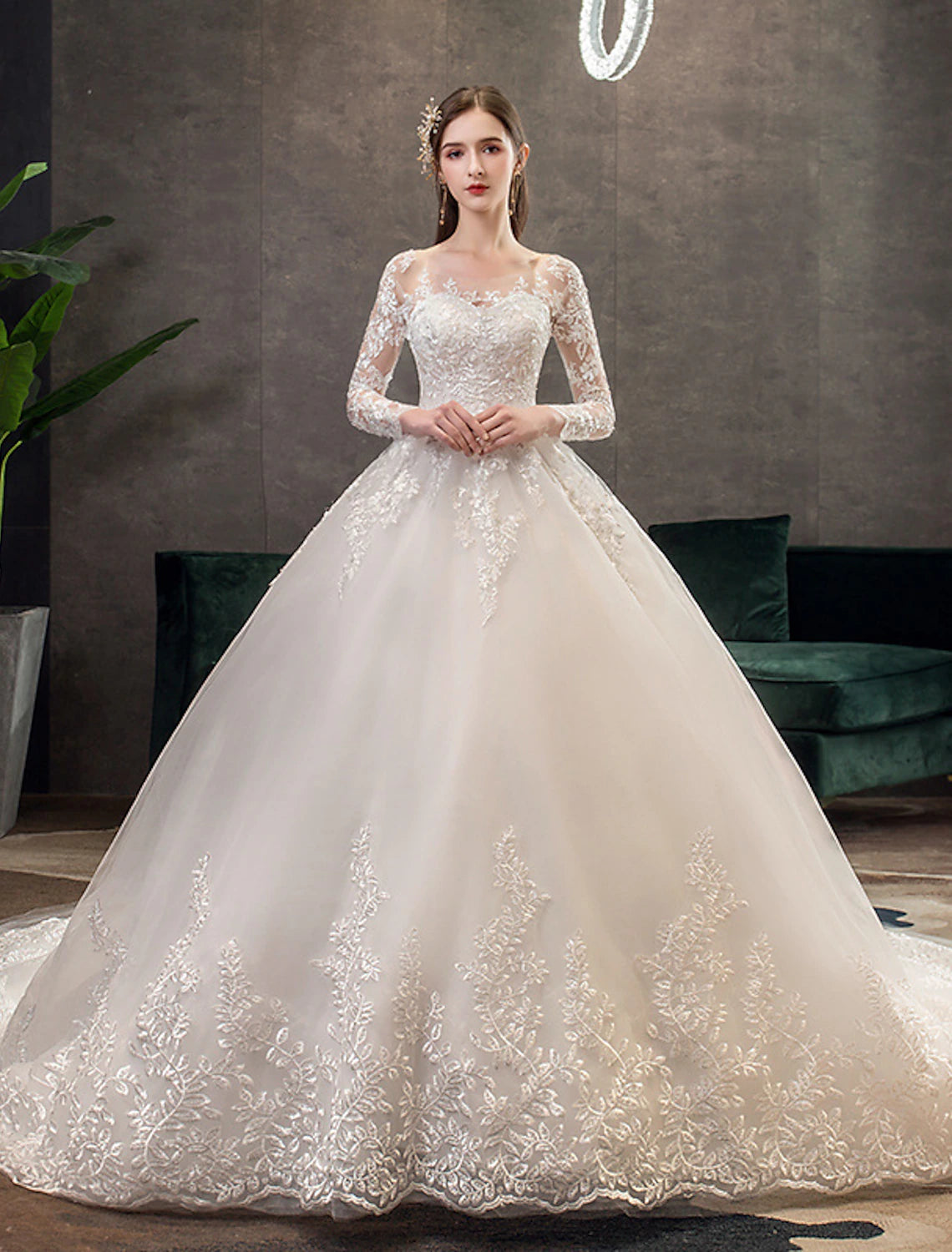 Wholesa Engagement Formal Fall Wedding Dresses Ball Gown Illusion Neck Long Sleeve Cathedral Train Lace Bridal Gowns With Pleats Appliques