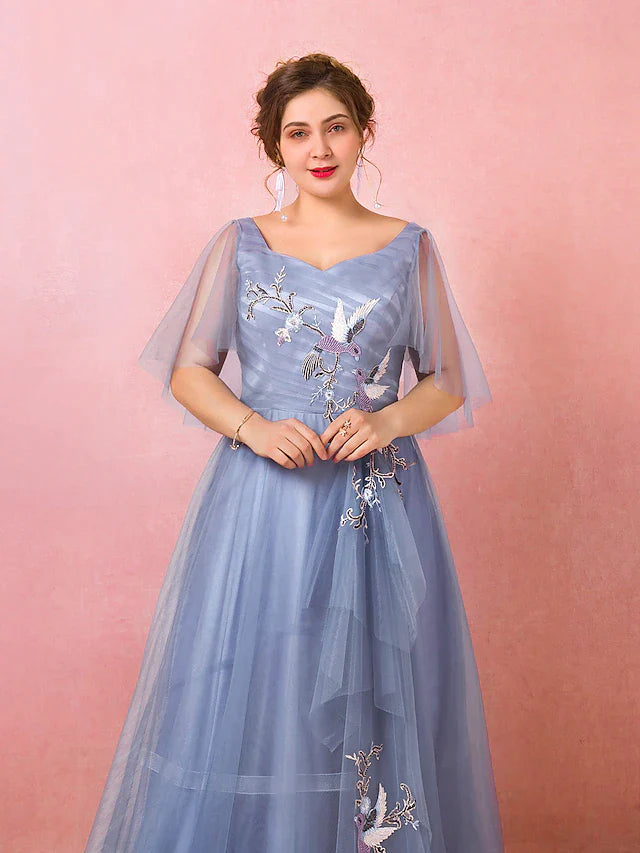 Wholesa A-Line Prom Dresses Chinese Style Dress Prom Floor Length Half Sleeve V Neck Satin with Ruched Embroidery