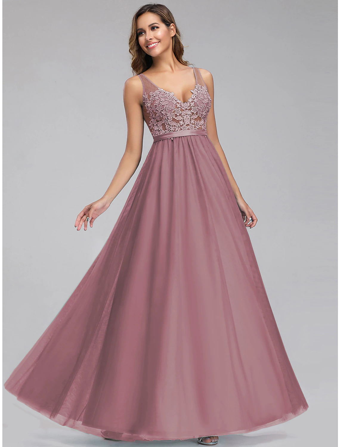 Wholesa A-Line Empire Holiday Prom Dress V Neck V Back Sleeveless Floor Length Chiffon with Appliques