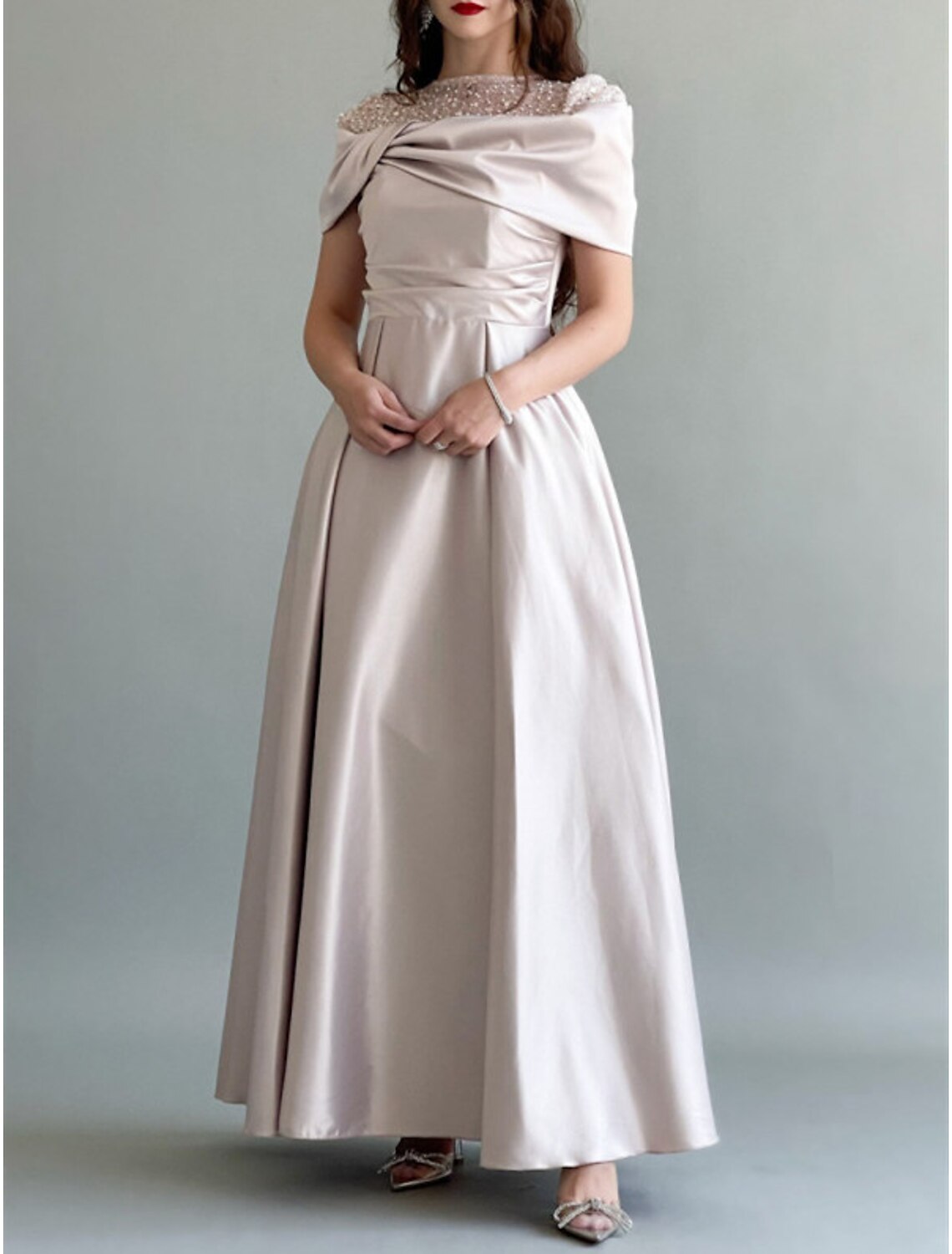 Wholesa A-Line Evening Gown Elegant Dress Wedding Guest Prom Floor Length Sleeveless Jewel Neck Satin with Ruched Pearls Sequin