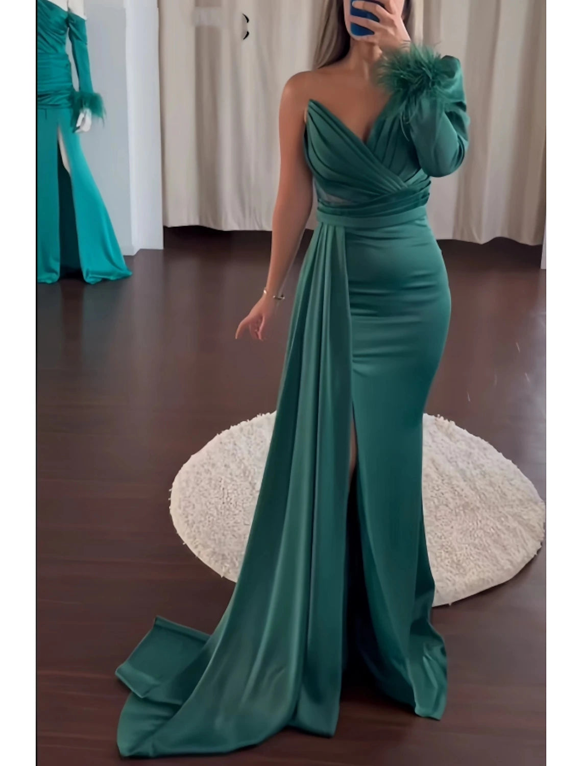 Wholesa A-Line Evening Gown Party Dress Formal Fall Sweep / Brush Train Long Sleeve One Shoulder Satin with Feather Ruched Slit