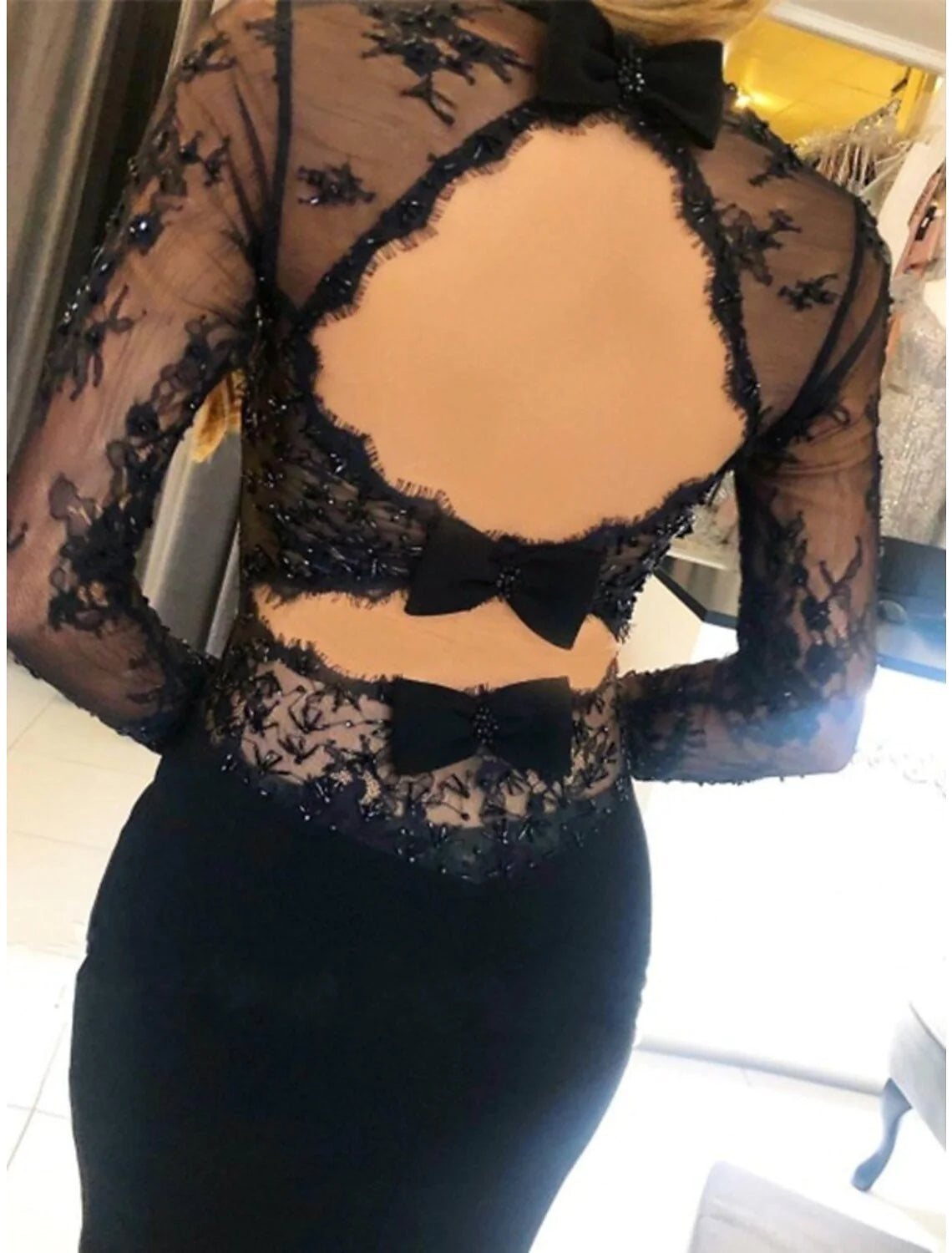 Wholesa Mermaid / Trumpet Prom Dresses Open Back Dress Formal Wedding Guest Court Train Long Sleeve Strapless Stretch Fabric Backless with Beading Appliques