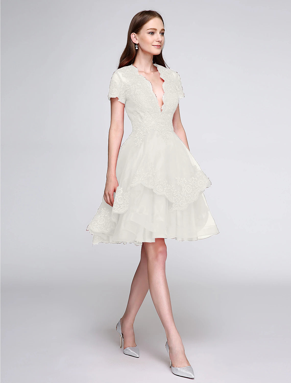 wholesa Ball Gown Cute Dress Cocktail Party Prom Knee Length Short Sleeve Plunging Neck Organza with Buttons Appliques