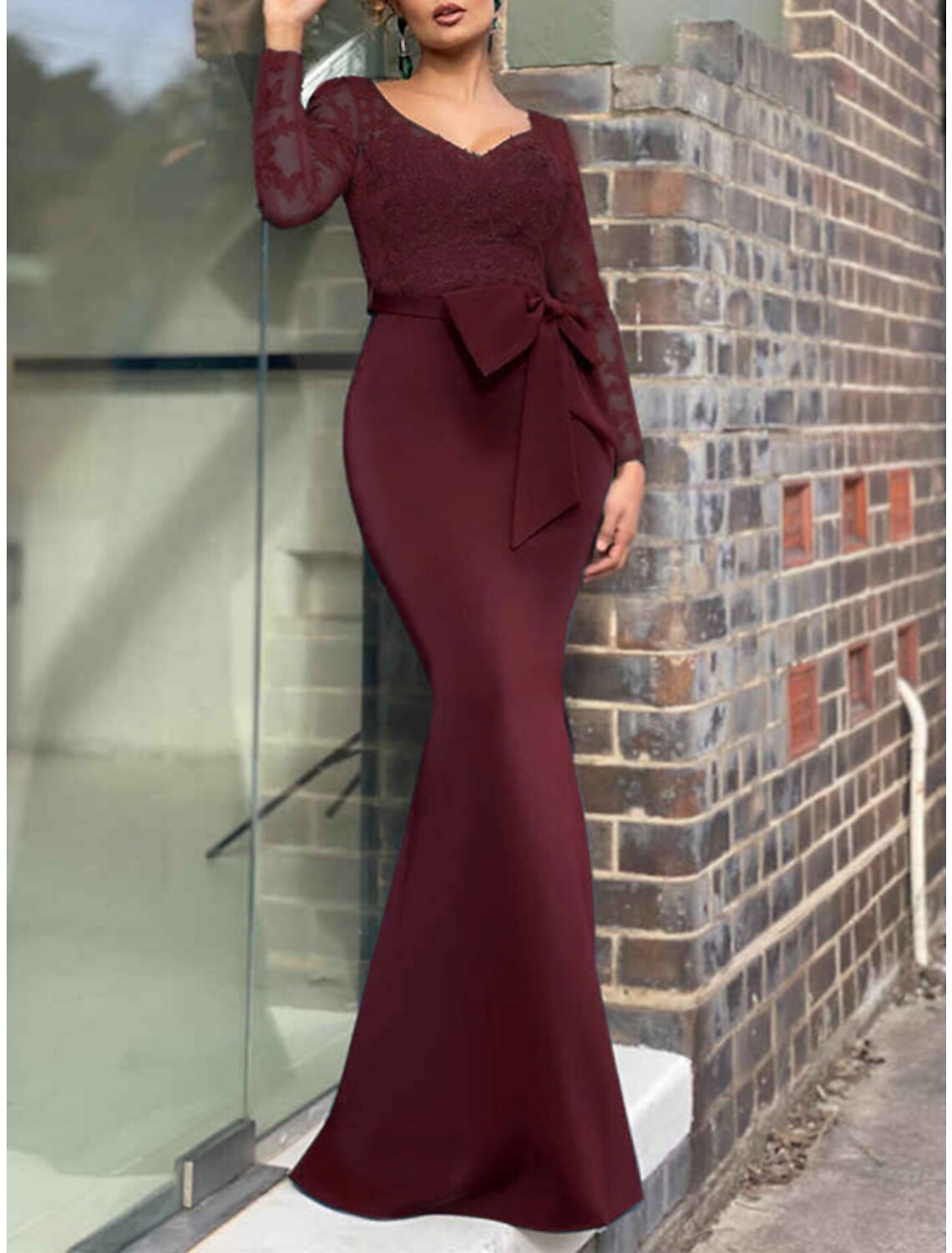 Wholesa Mermaid / Trumpet Mother of the Bride Dress Wedding Guest Elegant Sexy V Neck Floor Length Lace Stretch Chiffon Long Sleeve with Bow(s) Appliques