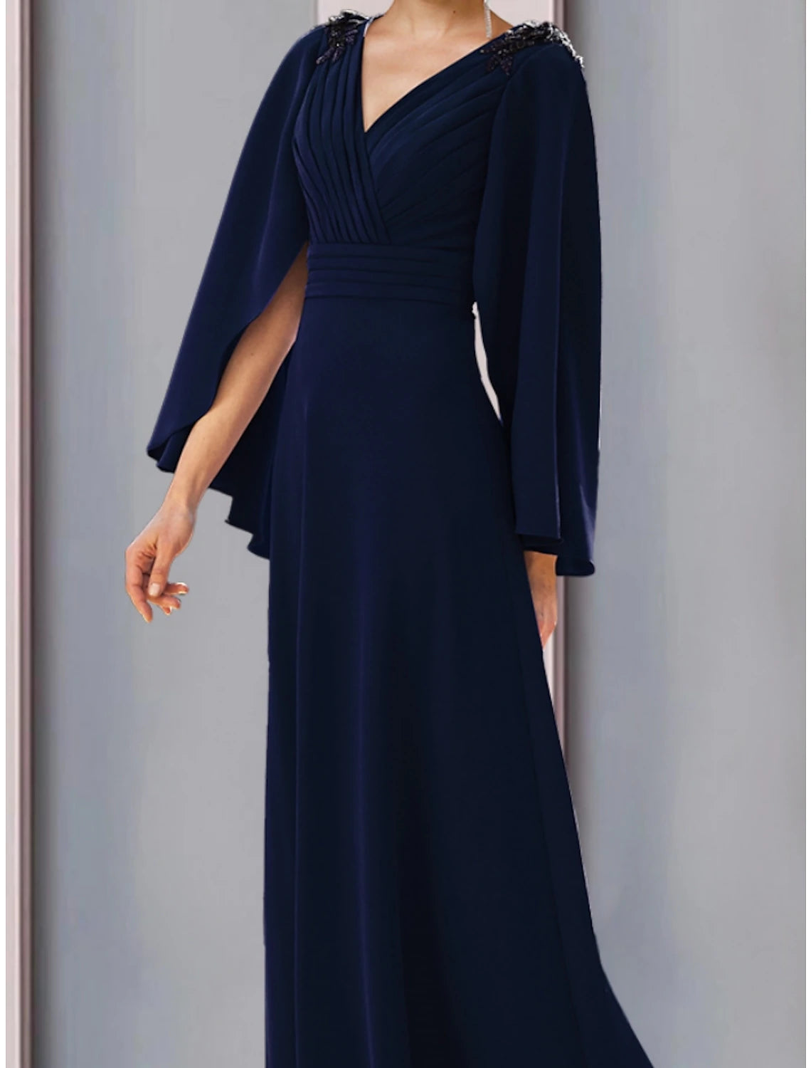 Wholesa A-Line Mother of the Bride Dress Wedding Guest Elegant V Neck Sweep / Brush Train Stretch Chiffon Long Sleeve with Sequin Ruching Solid Color