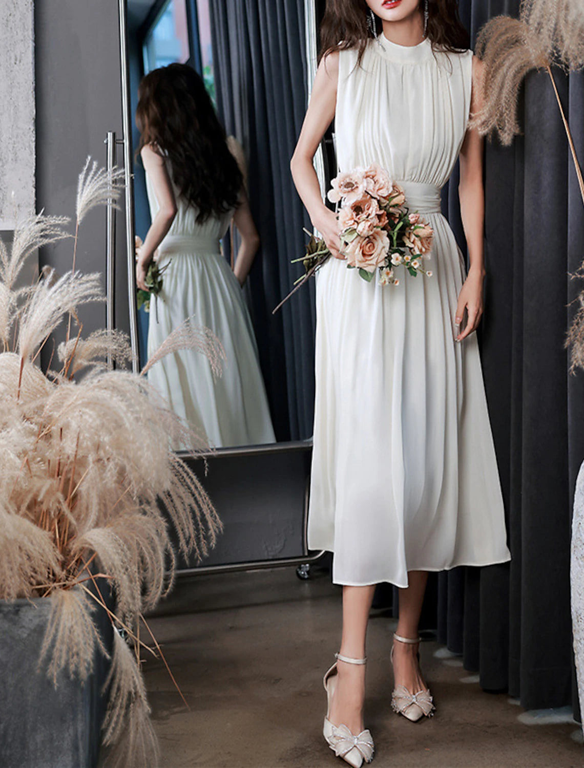 wholesale  Reception Little White Dresses Wedding Dresses A-Line High Neck Sleeveless Tea Length Chiffon Bridal Gowns With Pleats Solid Color