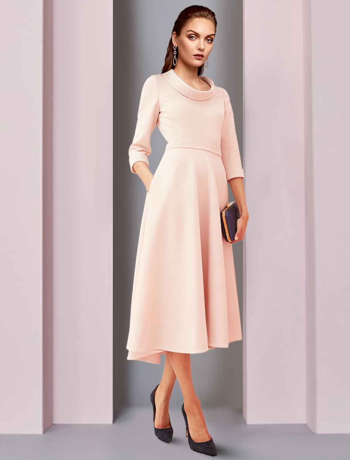 wholesale  A-Line Mother of the Bride Dress Elegant High Low Jewel Neck Asymmetrical Tea Length Satin 3/4 Length Sleeve with Sash / Ribbon Solid Color