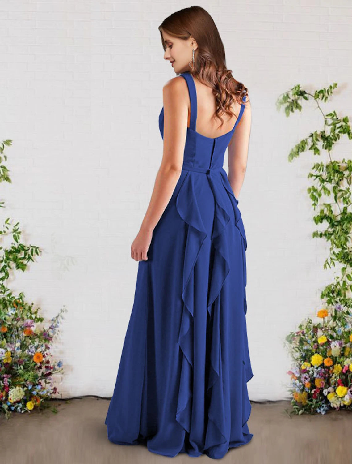 wholesale   A-Line Bridesmaid Dress V Neck Sleeveless Elegant Floor Length Chiffon with Ruffles