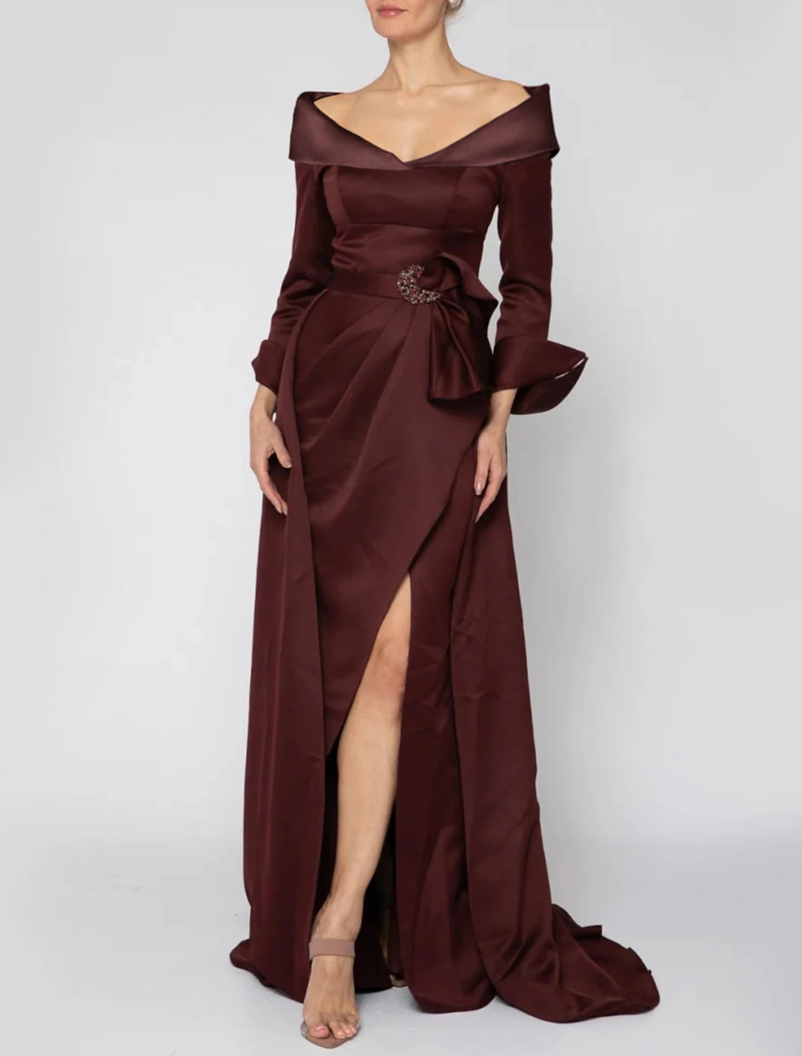 Wholesa A-Line Mother of the Bride Dress Formal Wedding Guest Elegant Party Off Shoulder Sweep / Brush Train Satin Long Sleeve with Split Front Crystal Brooch Ruching