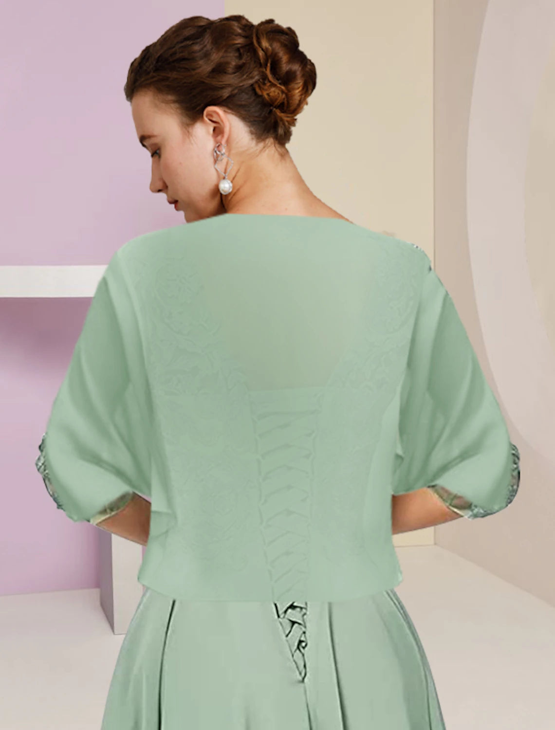 wholesale  Two Piece A-Line Mother of the Bride Dress Formal Wedding Guest Elegant High Low Scoop Neck Asymmetrical Tea Length Chiffon Lace Half Sleeve Wrap Included with Beading Appliques