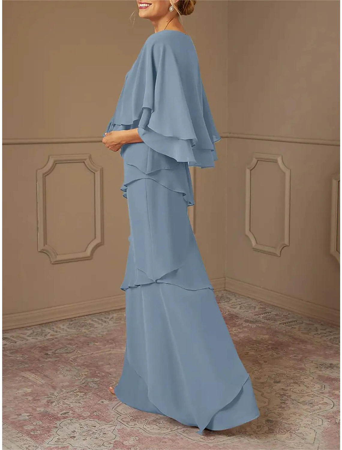 Wholesa  A-Line Mother of the Bride Dress Formal Wedding Guest Elegant V Neck Floor Length Chiffon Half Sleeve Wrap Included with Cascading Ruffles Solid Color