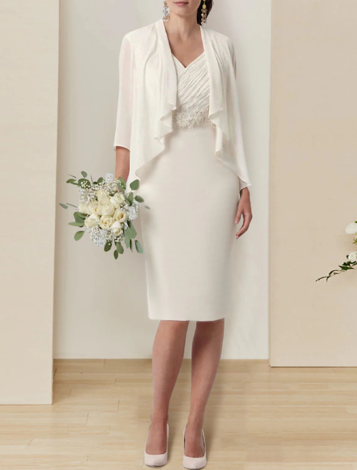 Wholesa Bridal Shower Vintage 1940s / 1950s Simple Wedding Dresses Wedding Dresses A-Line V Neck Half Sleeve Tea Length Satin Bridal Gowns With Appliques Solid Color