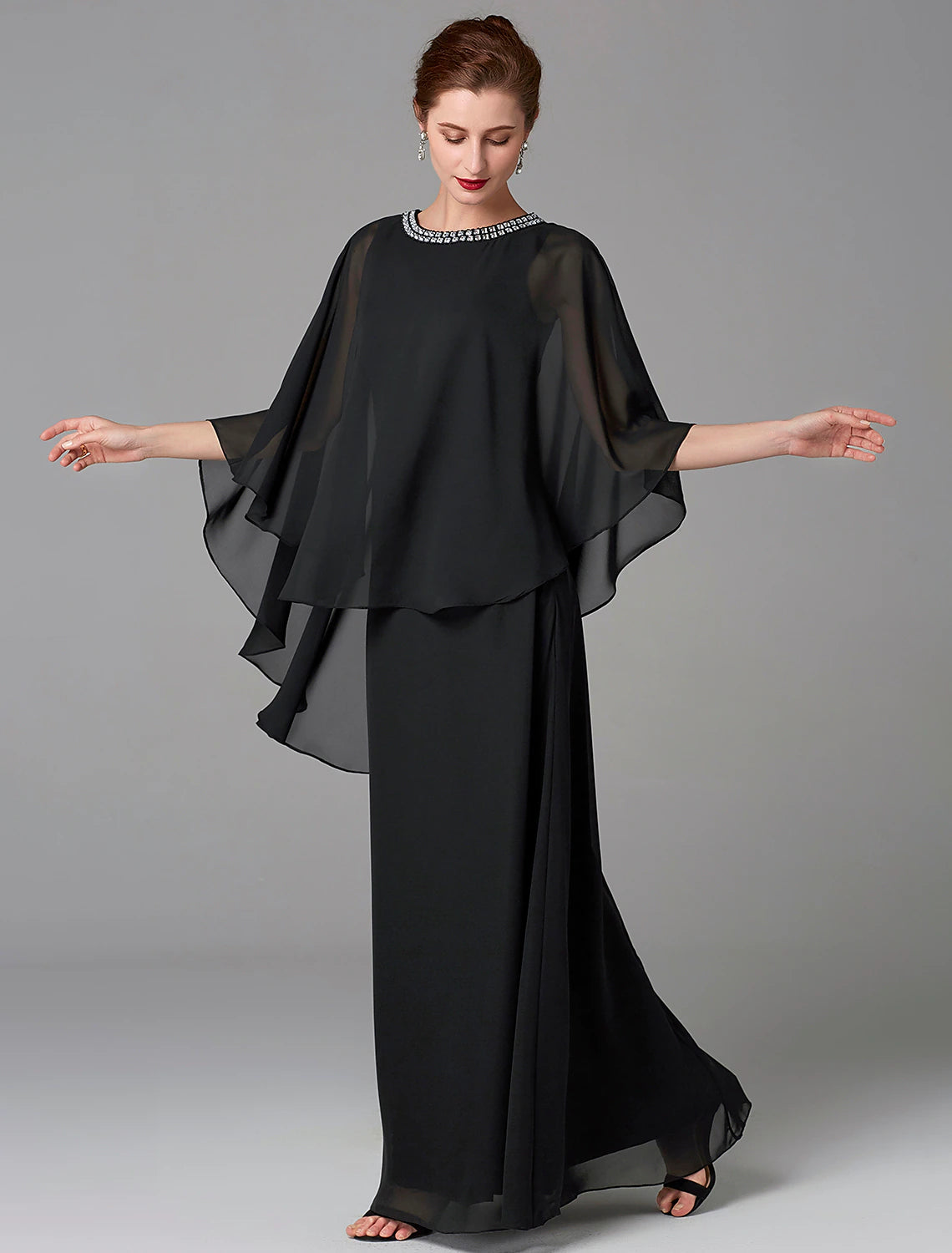 wholesale   A-Line Mother of the Bride Dress Wedding Guest Plus Size Elegant Jewel Neck Floor Length Chiffon Sleeveless with Beading Fall