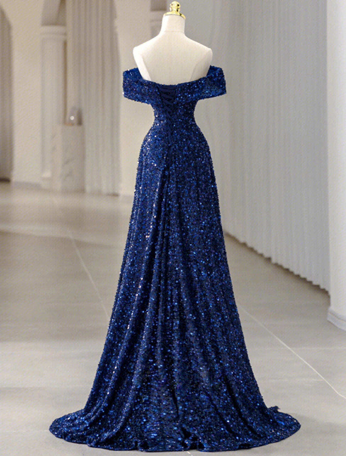 Wholesa A-Line Evening Gown Sparkle & Shine Dress Formal Wedding Party Sweep / Brush Train Sleeveless Off Shoulder Sequined with Glitter Sequin