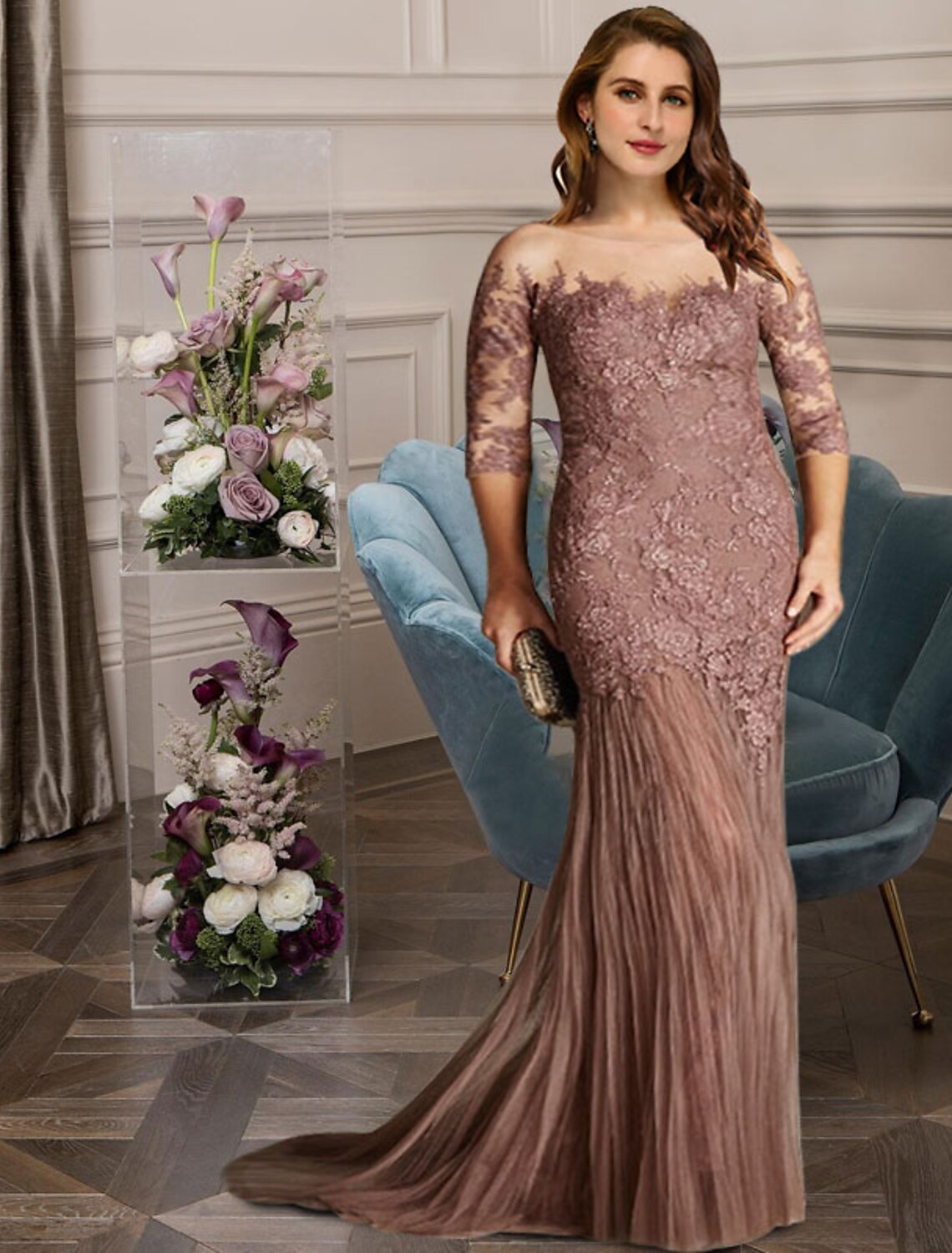 wholesale   Mermaid / Trumpet Mother of the Bride Dresses Plus Size Hide Belly Curve Elegant Dress Formal Sweep / Brush Train Sleeveless Jewel Neck Lace with Pleats Appliques