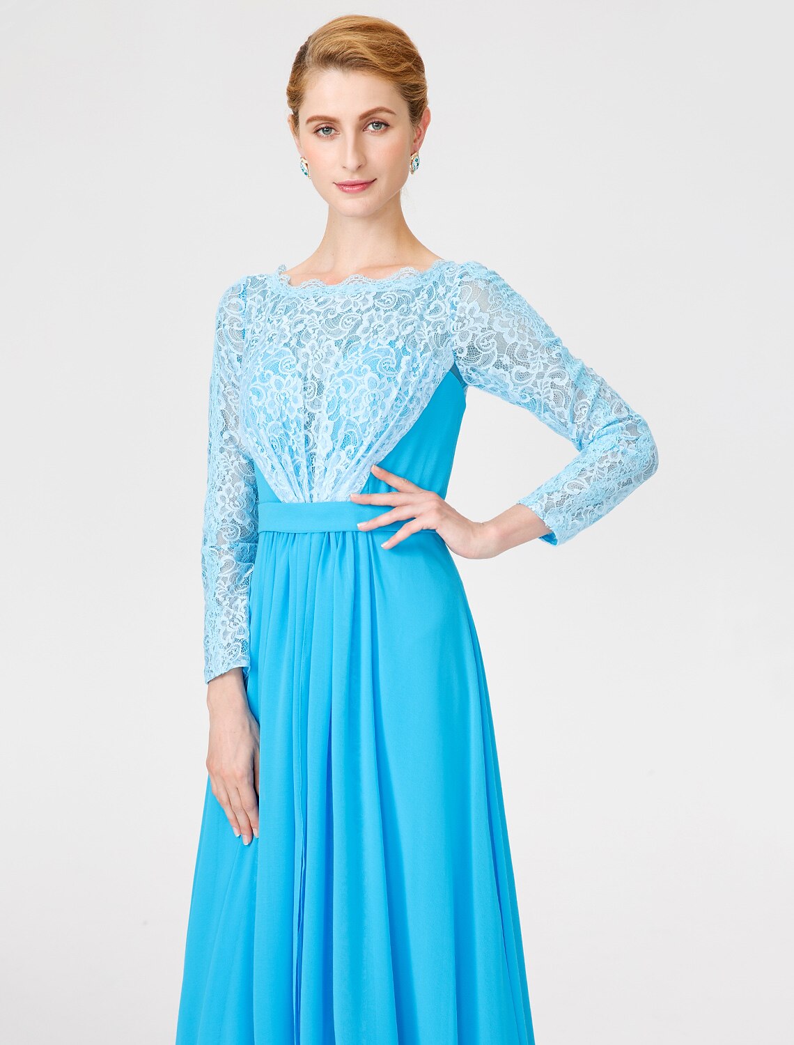 Wholesa A-Line Ball Gown Scoop Neck Floor Length Chiffon Lace Mother of the Bride Dress with Sash