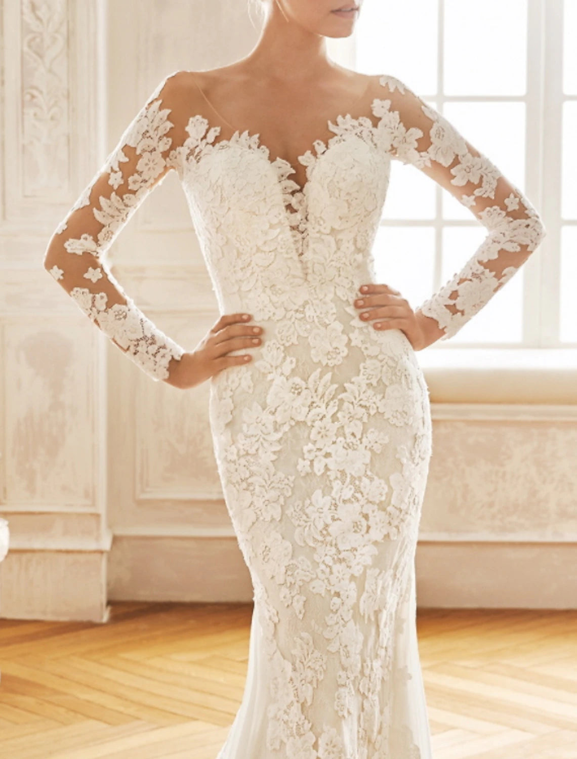Wholesa Engagement Open Back Formal Wedding Dresses Mermaid / Trumpet Illusion Neck Long Sleeve Court Train Chiffon Bridal Gowns With Embroidery Appliques