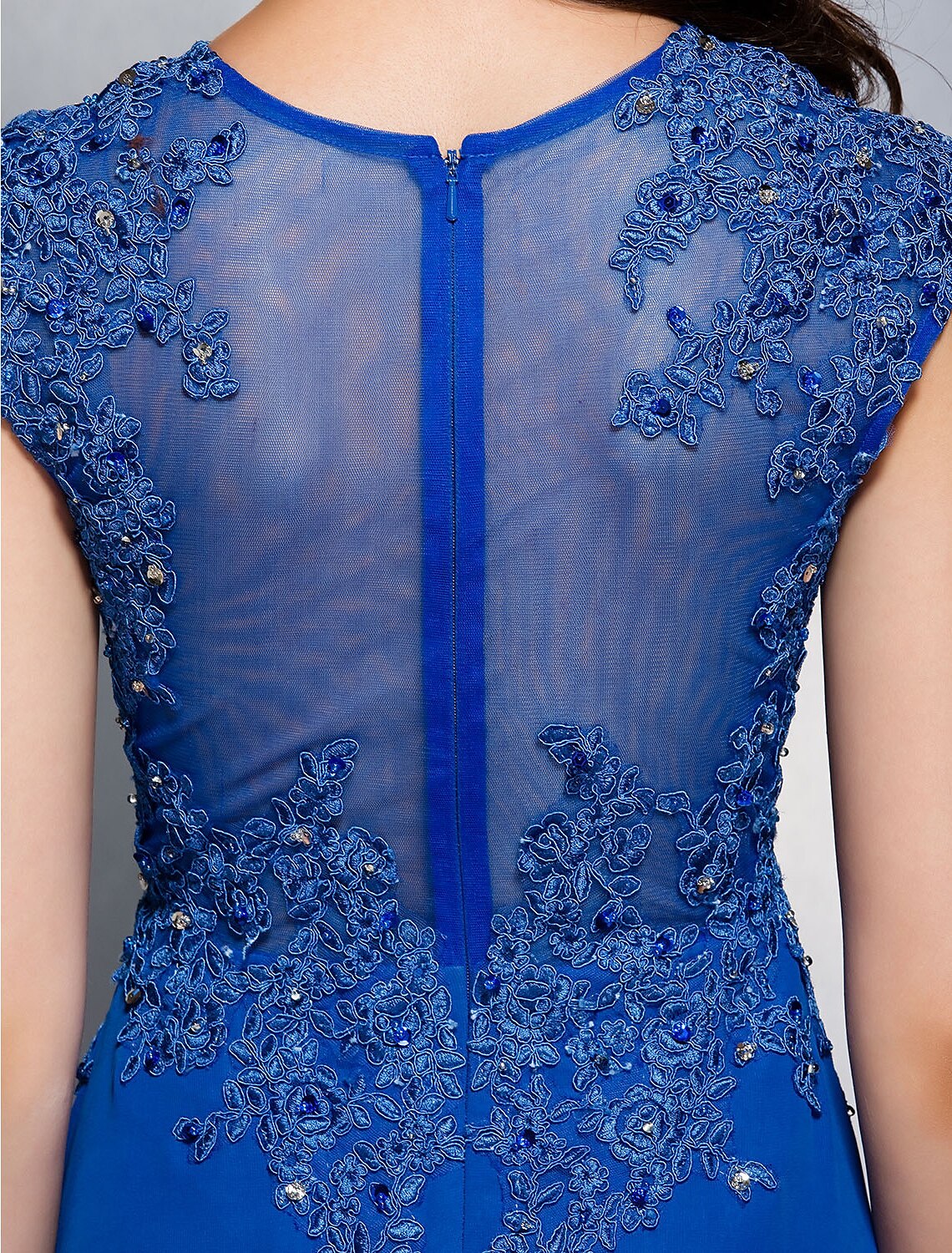 Wholesa Sheath / Column Elegant Floral Formal Evening Wedding Party Dress Illusion Neck Short Sleeve Sweep / Brush Train Chiffon with Appliques