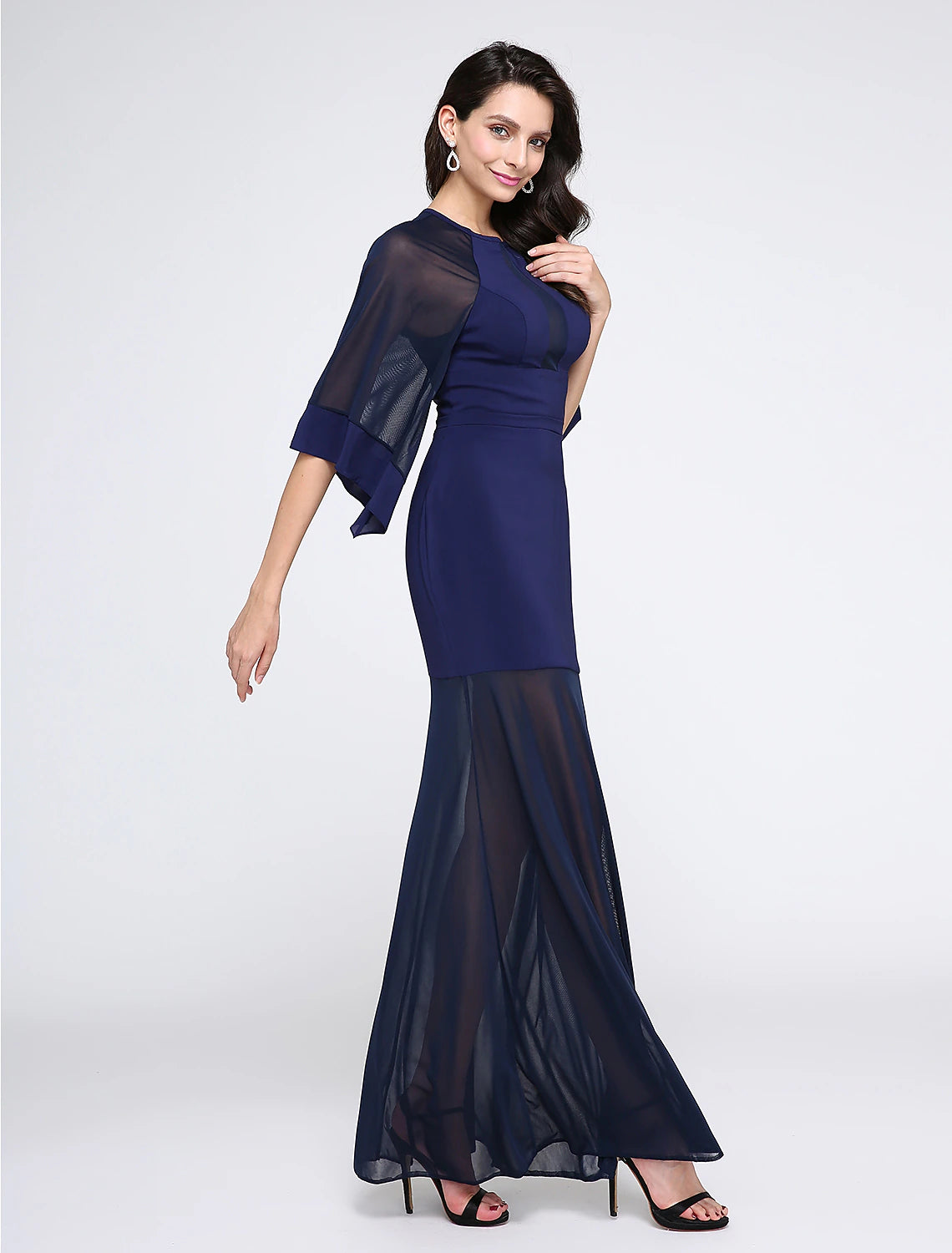 Wholesa Sheath / Column See Through Dress Prom Formal Evening Floor Length Half Sleeve Jewel Neck Chiffon with Pleats