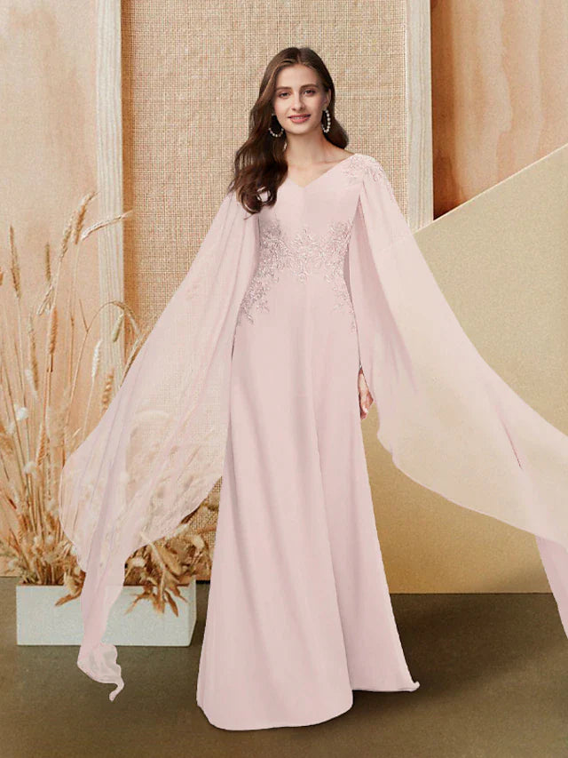 Wholesa A-Line Elegant Cute Prom Formal Evening Dress V Neck Long Sleeve Floor Length Chiffon with Appliques