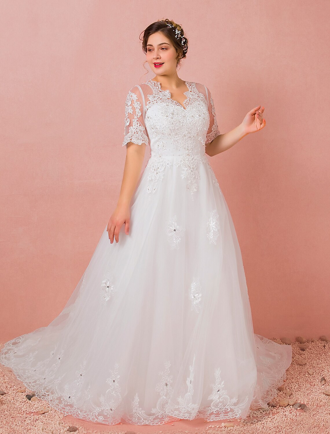 wholesale  Hall Wedding Dresses A-Line V Neck Half Sleeve Cathedral Train Satin Bridal Gowns With Lace Crystals