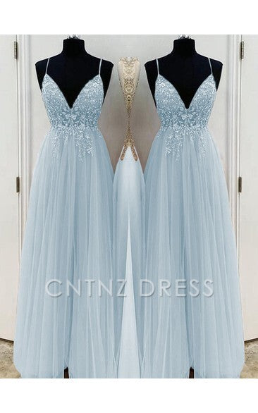 Wholesa A-Line/Elegant Spaghetti Straps Sleeveless Beading Tulle Floor-Length formal dresses Bridesmaid Dresses evening gown Prom Dress With Split