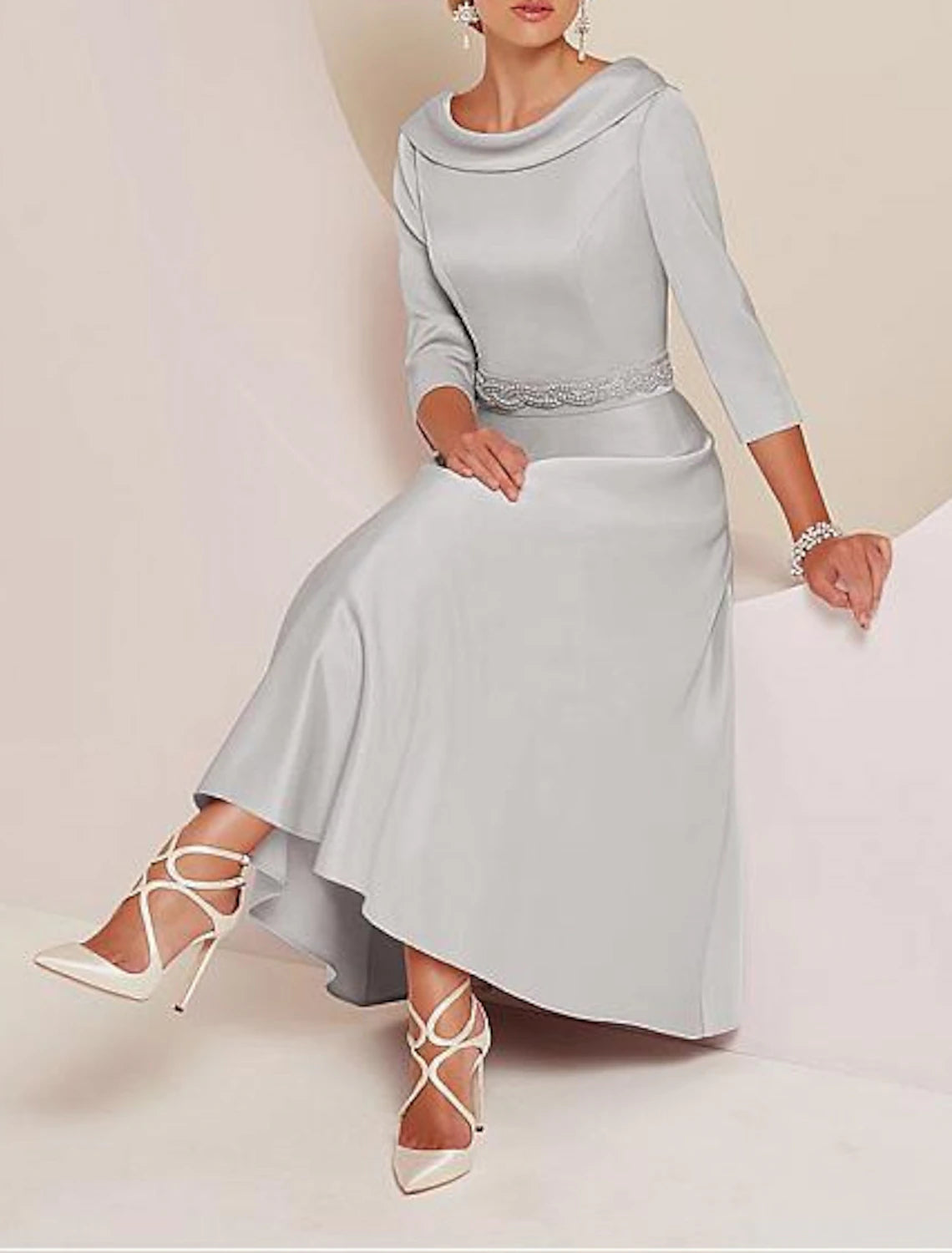 Wholesa A-Line Mother of the Bride Dress Wedding Guest Elegant Vintage Plus Size Bateau Neck Tea Length Satin 3/4 Length Sleeve with Beading